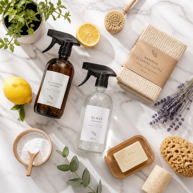 Eco-friendly cleaning products including glass spray bottles, bamboo cloths, and lemons